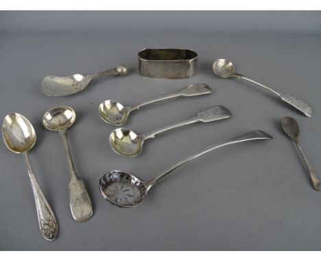 Silver caddy spoon, napkin ring and seven other various hallmarked spoons