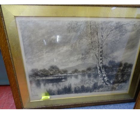 W MEREDITH large oak framed print - man in a boat with silver birch trees to the foreground