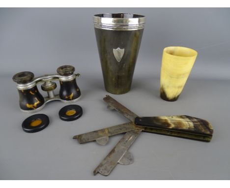 Horn handled veterinary fleam, the blade stamped 'W Broadhurst', a large horn and silver beaker (marks rubbed) and one other 