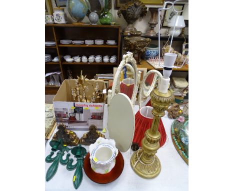 Mixed parcel including a French style triple dressing mirror, a metal chandelier, gilt table lamp and shade, two gilt decorat