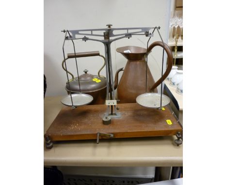 Copper water jug, copper kettle and a pair of vintage scales