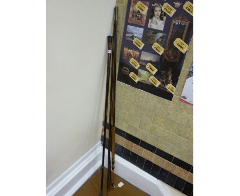 P D McAllock, Perth made vintage split cane fishing rod and a long stick