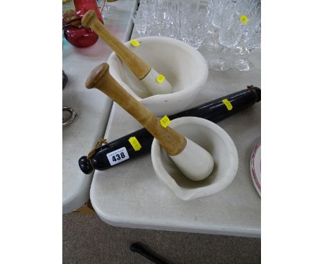 Vintage rolling pin and two stoneware pestle and mortars