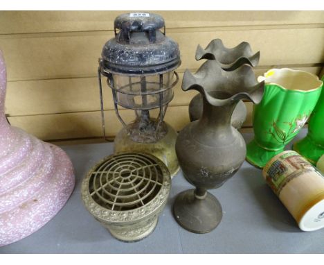 Vintage Tilley lamp, pair of brass vases etc