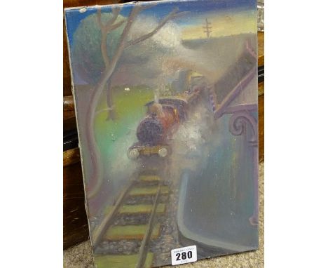 Oil on canvas - steam engine passing a station, 30 x 20 cms