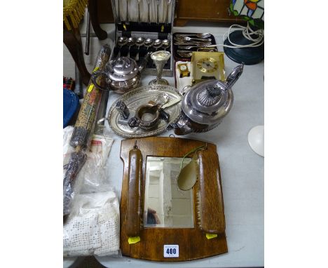 Vintage mirror and brush set, a quantity of EP ware and two brass type mantel clocks