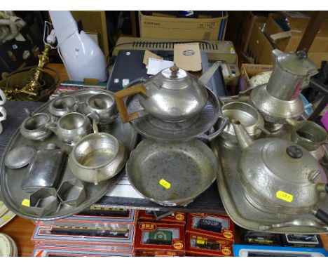 Good selection of vintage pewter ware including a four piece teaset on tray