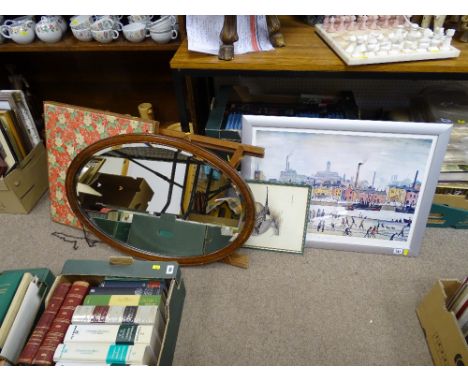 Oak framed oval wall mirror, vintage folding table, an L S LOWRY framed print with two further framed pictures