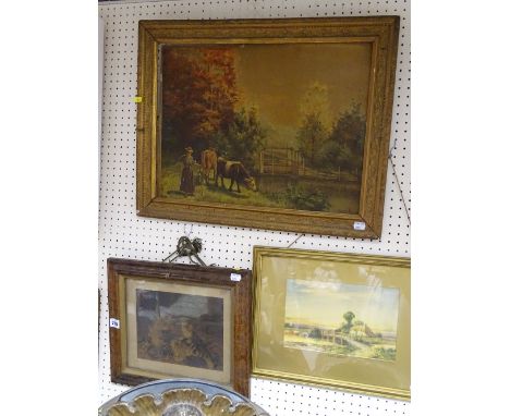 Framed print - August sunset, a framed print - cat and two kittens and an oiliograph - rural scene, lady and two cattle