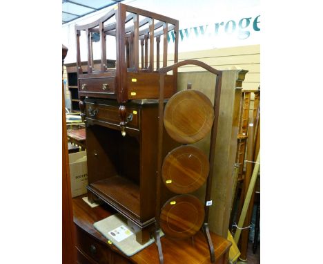 Mahogany three shelf cakestand, a reproduction Canterbury and an inlaid console table