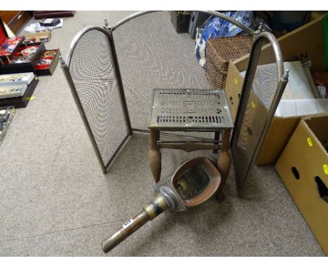 Vintage brass and iron footman, a patent coaching lamp no. 2070 and a modern folding sparkguard