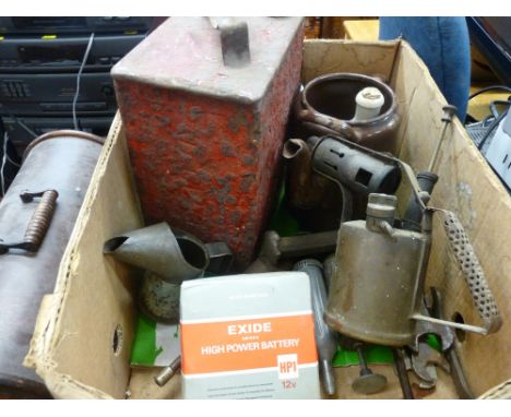 Box of vintage garage items including petrol can, blow lamp, measure etc