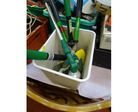 Plastic cantilever toolbox and contents and three other plastic tubs containing various garage items including Challenge 9.6v