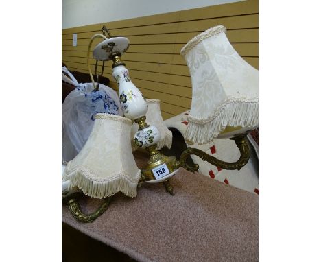 Brass and pottery vintage style three branch chandelier