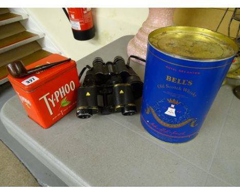 Wade Bells Old Scotch whisky bottle in original box, a vintage TyPhoo Tea tin, two pairs of binoculars and gent's tobacco pip