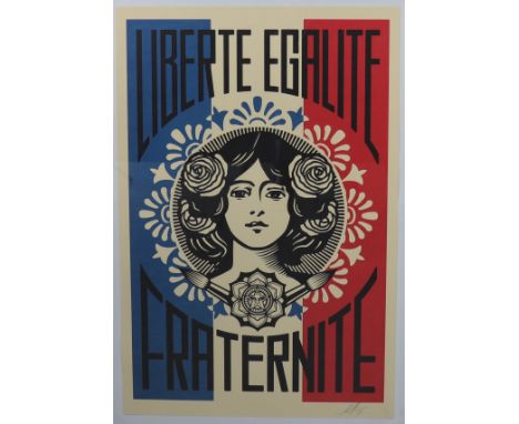 Shepard Fairey alias Obey (1970) "Liberty Equality Fraternity" Street American artist Polychrome lithograph, signed. - Weight