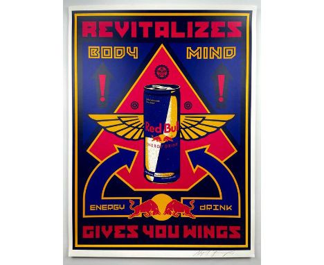 OBEY GIANT, Shepard FAIREY (USA, 1970) Red Bull, 2001. Silkscreen on white paper. Signed and dated. - Weight:  1.00 kg - Peri