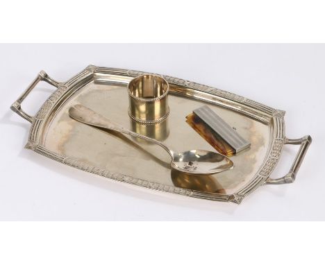 Silver plated wares, to include small twin handled tray engraved "Macolin 16 Juin 1907", table spoon by Demaffey &amp; Collet