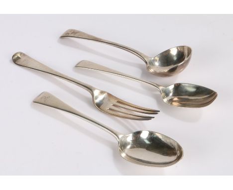 Victorian silver table fork, dessert spoon and ladle, London 1900, maker Holland, Aldwinckle &amp; Slater, the old English pa