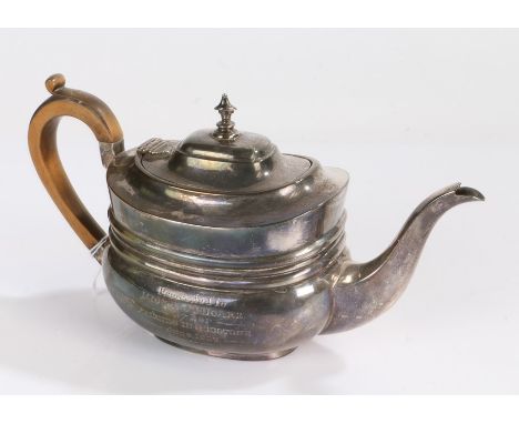 Edward VII silver teapot, London 1902, maker S W Smith &amp; Co, the fruitwood handle with kick, the body with presentation e
