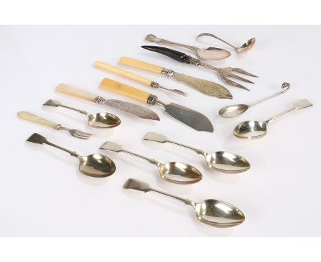 Silver and plated flatware, to include two silver fish knives with mother of pearl and bone handles, silver three tined fork 