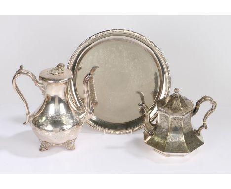 Silver plated wares, to include Skinner &amp; Co. Sheffield octagonal teapot with foliate decoration and cartouche initialled