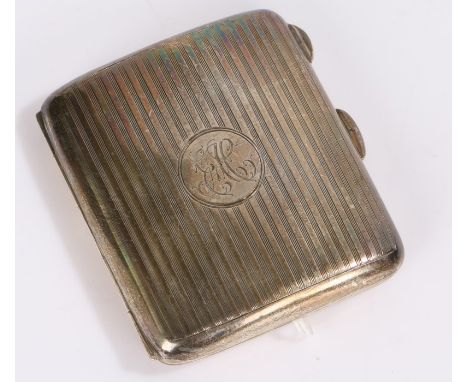 George V silver cigarette case, Birmingham 1919, maker&nbsp;W H Haseler Ltd. the engine turned exterior with circular cartouc