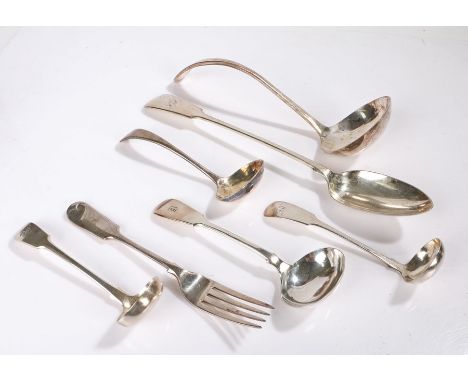 Silver plated table cutlery, to include basting spoon, soup ladle, four ladles, table fork (7)