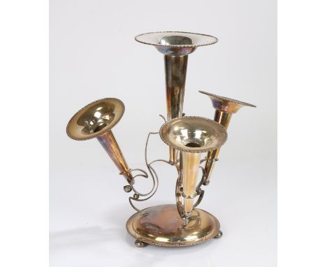 Silver plated epergne, the central spill vase surrounded by a further three vases, all raised on scrolled supports and a dome