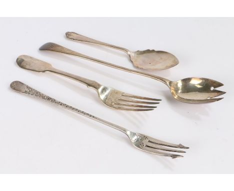 Silver, various dates and makers, to include pickle fork, dessert fork , preserve spoon, salad server (4)