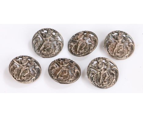 Set of six Victorian silver buttons, London 1900, maker Maurice Freeman, the pierced buttons decorated with Poseidon holding 