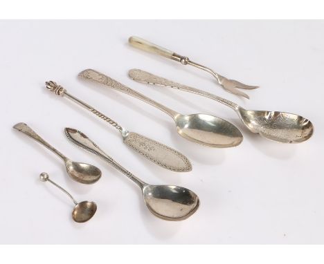 Silver, various dates and makers, to include condiment, preserve and tea spoons, butter knife, two tined fork with mother of 