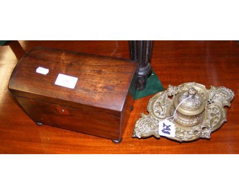 A dome top tea caddy, together with a brass inkstand 