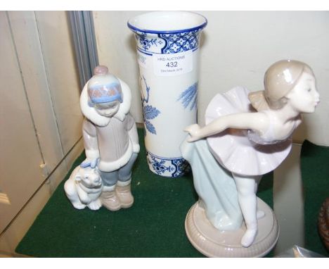 A Lladro Eskimo and Polar Bear, together with Nao and blue and white vase 