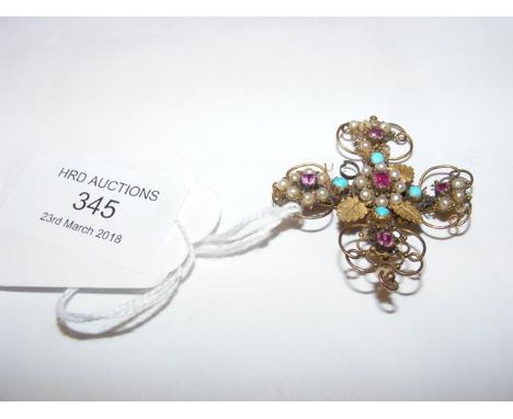 An elegant antique turquoise, ruby and seed pearl brooch/pendant 