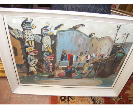 An early Carr Indian silk screen print of village - 54cm x 62cm 