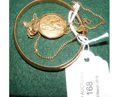 Gold bangle, pendant on chain CONDITION REPORTcan not make out mark on bangle