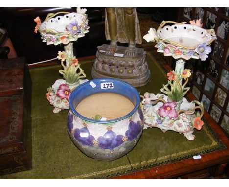 Pair of elaborate ceramic table centres, together with a tube lined Royal Doulton jardiniere 