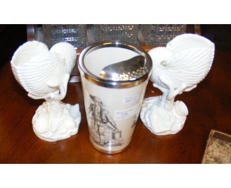 A silver mounted moustache beaker with transfer printed decoration, together with a pair of Nautilus Royal Worcester vases  