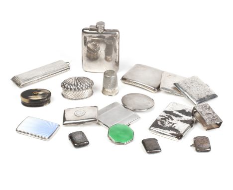 A COLLECTION OF SILVER CASESIncluding two silver and enamel compacts, five cigarette silver cases, a travelling thermometer, 