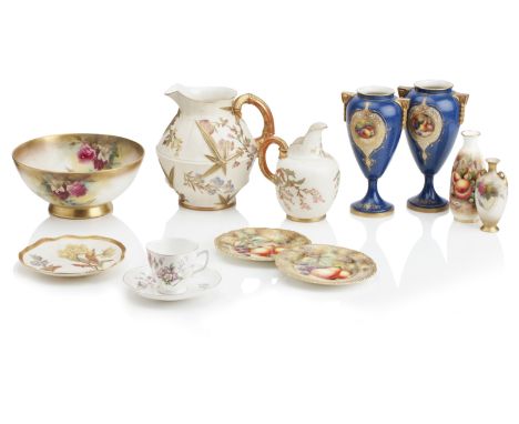 A COLLECTION OF ROYAL WORCESTER PORCELAINIncluding a pair of powder blue and gilt urns, the reserves painted with peaches, gr