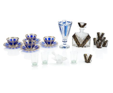 A COLLECTION OF ART DECO GLASSIncluding a blue stained vase, 23cm high, three Lalique green stained tumblers, a Bohemian deca