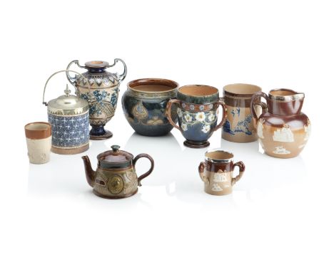 A DOULTON LAMBETH TWO-HANDLED VASEDecorated with sprays of blossom, with Art Union mark, 24.5cms high: a tyg with blue and wh