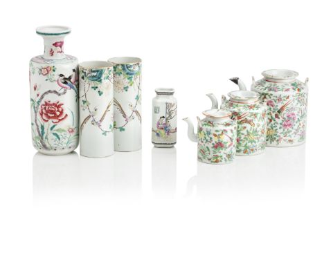 A PAIR OF CANTON FAMILLE ROSE PORCELAIN SLEEVE VASESDecorated with birds and flowers, signed (restored); together with two fu