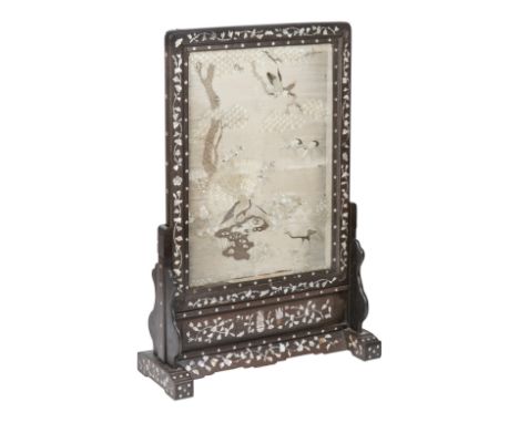 A LATE 19TH CENTURY CHINESE MOTHER-OF-PEARL INLAID WOOD TABLE SCREENThe rectangular panel mounted with silkwork picture of bi