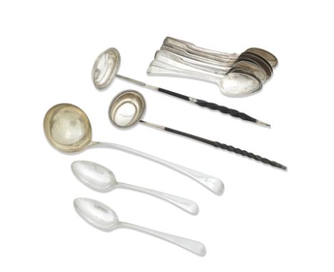 A COLLECTION OF GEORGE III FLATWAREComprising a soup ladle, William Eley &amp; William Fearn, London 1823, twelve tablespoons