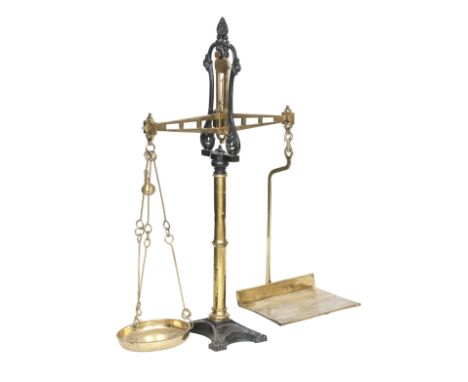 A LATE VICTORIAN CAST IRON AND LACQUERED BRASS SET OF BALANCE SCALESby W &amp; T Avery, BirminghamThe top section with pierce