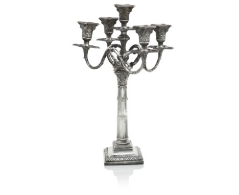 AN ELECTROPLATED FIVE-LIGHT CANDLELABRUMcirca 1900The square pedestal base supporting a demi-fluted  Corinthian column and sc