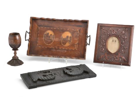 A GROUP OF IRISH SOUVENIR WARESIncluding a two-handled Killarney Ware tray, inlaid with two oval marquetry panels depicting M