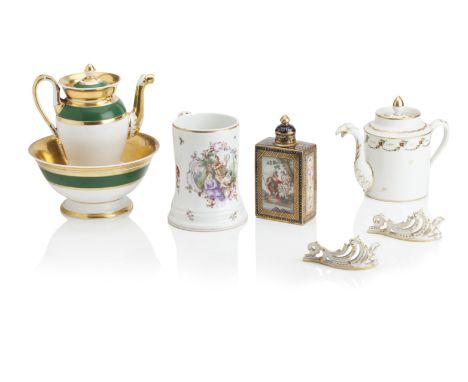 A COLLECTION OF EUROPEAN PORCELAIN19th century,Comprising a Vienna-style tea caddy and cover painted with panels of classical